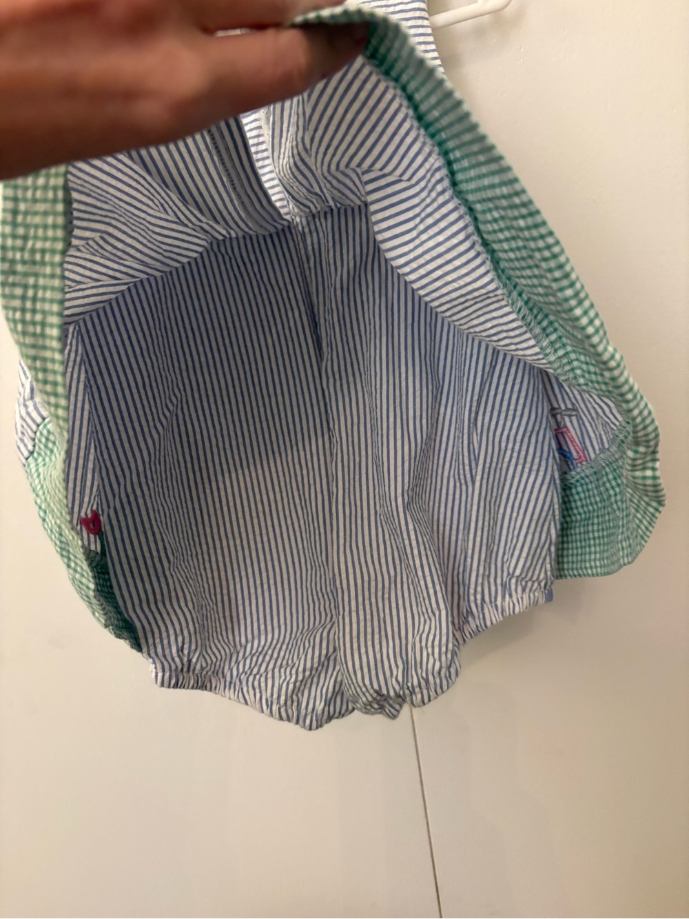 Florence Eiseman Blue Stripe Dress with Green Gingham Ties and Golf Appliqué - Picture 3 of 6